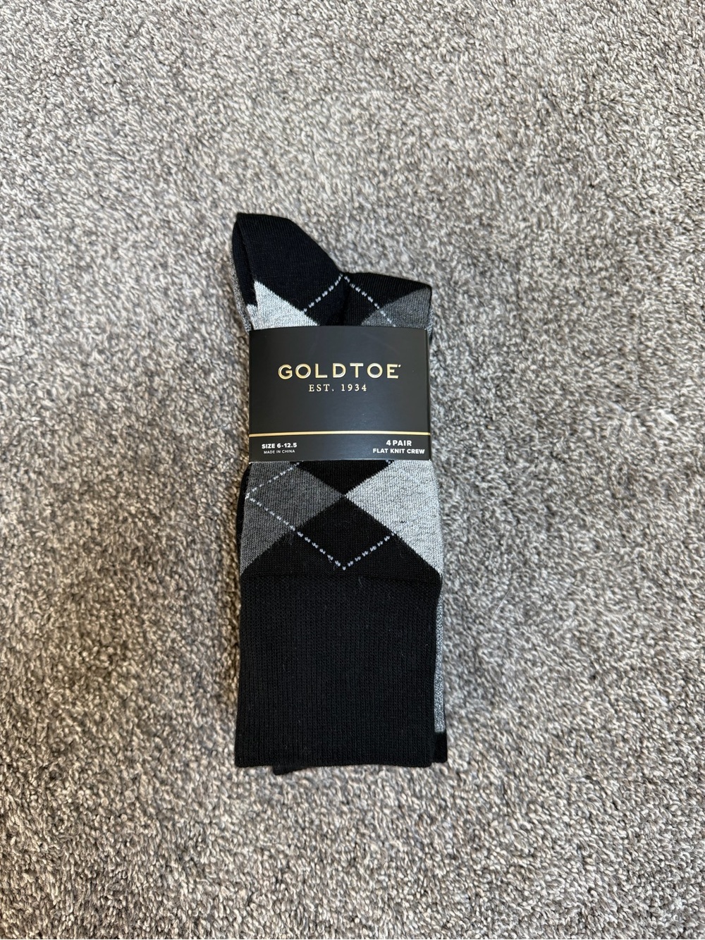 Gold Toe Men’s 4 Pack Dress Socks Black Gray Argyle Flat Knit Size 6-12.5